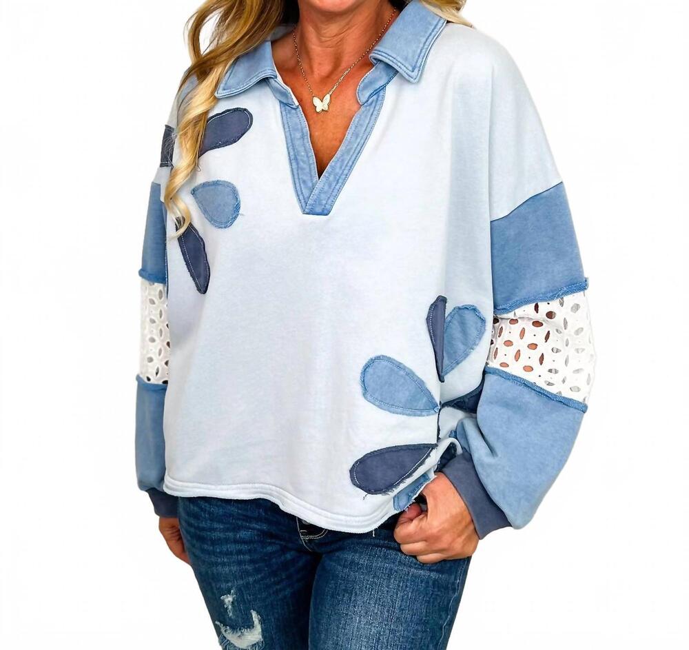 NEW OLI & HALI long sleeve mom cropped top in blue